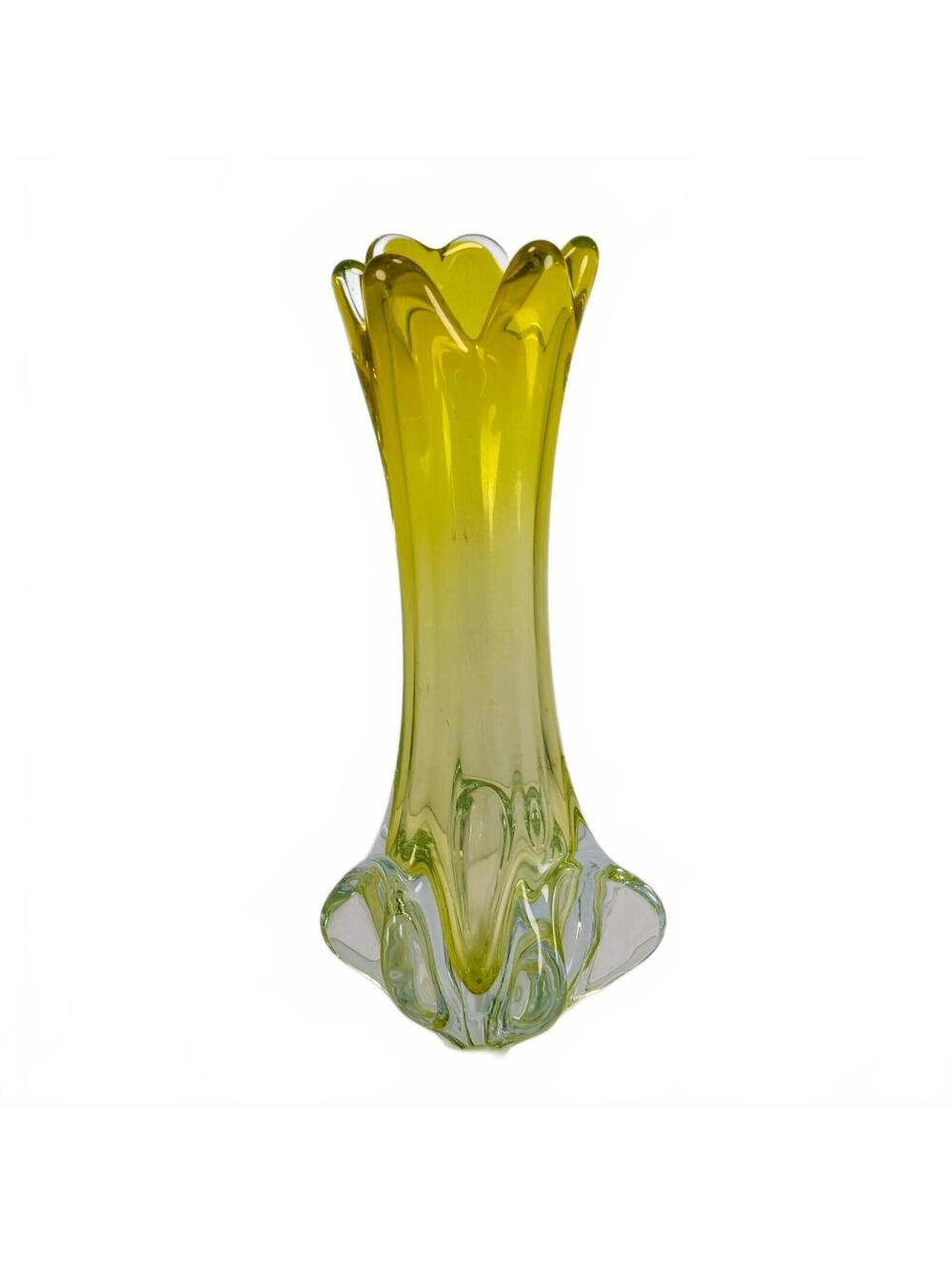 Vintage Yellow Green Murano Glass Chambord Vase, Fratelli Toso c1960s